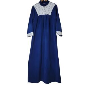 VTG 1970s Vanity Fair Fleece Lace Trim Navy Full Length Zip Housecoat Robe✨️S